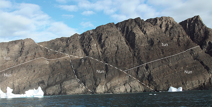 Fig. 34 Subaerial lava flows of the upper part of the Nunavik Member of the Vaigat Formation (Nun) overlain by subaerial lava flows of Tunuarsuk Member of the Svartenhuk Formation (Tun) at Narsinganersua/Kap Cranstown, south-western Svartenhuk Halvø. The sedimentary Kuugaartorfik Member is not present here. The succession is repeatedly faulted; the apparent low-angle fault is a WNW–ESE-trending fault that cuts obliquely through the exposure. Note several crosscutting dykes (D) perpendicular to the orientation of the lava flows. The colour differences seen are partly caused by superficial alteration. The exposed section of the Nunavik Member is 280 m thick. Compare Fig. 14. Photo: Asger Ken Pedersen.