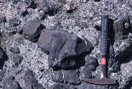 Fig. 38 Typical coarse hyaloclastite with unsorted pillow fragments in a matrix of glass grains and rich in zeolites. The rock is an olivine-rich picrite. Note the 1 cm glass rind on the largest pillow fragment. Length of hammer 32 cm. Upper Nunavik Member, southern Innerit. Photo: Asger Ken Pedersen.