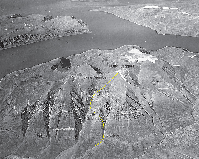 Fig. 53 The Nuuit and Skalø Members of the Svartenhuk Formation at Nuuit Qaqqaat, looking NNW. The white line is the boundary between the two members. Some local marker flows are traced in black dotted lines on the original photograph. Profile 52 (Fig. 12) is indicated with a yellow line. Height of section 780 m. Geodetic Institute oblique aerial photograph 526HN/5641.