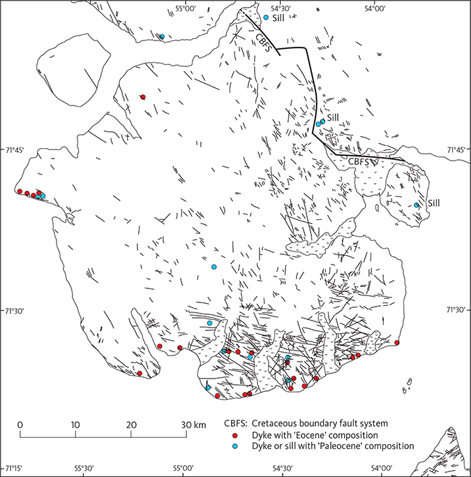 Fig. 69 Distribution and directions of dykes on Svartenhuk Halvø as identified on aerial photographs, from Larsen & Pulvertaft (2000, fig. 4). The relative sparsity of dykes in the basalt areas in central and western Svartenhuk Halvø may not be real, see text for explanation. We have added the locations of analysed basalt dykes and sills of two different compositional groups that are supposed to represent two age groups, as indicated in the legend. Analytical data from this study and Agranier et al. (2019).