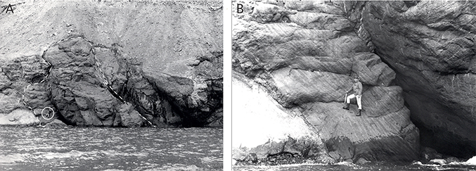 Fig. 70 An intrusion of magnesian basalt into lava flows of the Tunuarsuk Member. A: The entire exposure, showing the cupola-like shape. B: The chilled marginal zone with contact-parallel mineral layering. The person (encircled in A) is standing in the same place in both photos. South coast of Svartenhuk Halvø c. 3.5 km south of Tasiusap Imaa; the intrusion is shown with a size of 1 × 0.5 mm on the geological map (Larsen 1983).