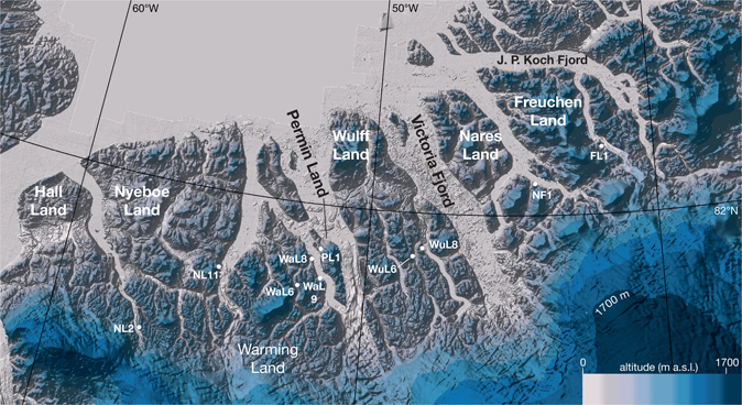 Fig. 8 Digital elevation model (DEM) of central and western North Greenland showing the caves described and figured in the text (data from Arctic DEM, Porter et al. 2018). The caves are developed immediately beneath the plateau surface, at an altitude of 800–1000 m, that is seen in the southern parts of the area, from Freuchen Land westwards to Hall Land. The dark blue peaks are ice caps sitting on the plateau surface. Documentation and illustration of other caves discovered during aerial reconnaissance are provided in Supplementary File S1. The colour ramp extends from sea level to 1900 m a.s.l., and the shift to the darkest blue tone is at 1700 m a.s.l.