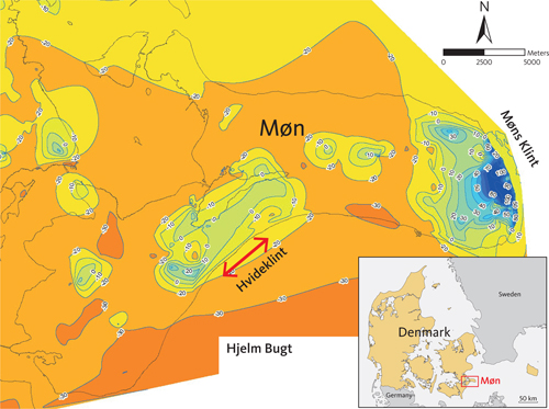 Fig 1. Location of Hvideklint, Møn, south-east Denmark. The position of the cross-section (Fig. 2) is marked by a red arrow. Contour intervals mark the depth of the pre-Quaternary surface (the top of the Cretaceous chalk). The construction of contours is based on an ArcGIS algorithm applied to the well data from Møn (Jupiter database, GEUS). The top-chalk surface occurs mainly at 20–30 m b.s.l. The exception of this is the areas where it is elevated above sea level in the glaciotectonic complexes. The contour map is simplified from Pedersen & Gravesen (2021).