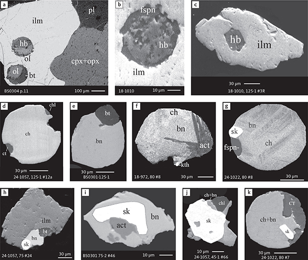 Fig. 14 BSE images of silicate globules in ilmenite and examples of hydrous silicates coexisting with sulphides and skaergaardite in polished thin sections and polished monolayer thin sections of gabbroic host and in heavy mineral HS concentrates. Table 3 provides formulae for the precious metal minerals. Formulae for common rock-forming minerals and base metal sulphides are found in Appendix 1. Abbreviated names of minerals, compounds and alloys are as follows: ilm: ilmenite. cpx: clinopyroxene. opx: orthopyroxene. ol: olivine. hb: hornblende. bt: biotite. act: actinolite. fspn: ferrosaponite. chl: chlorite. ct and CT: calcite. bn: bornite. ch: chalcocite. sk: skaergaardite. kth: keithconnite. pl: plagioclase. Grain numbers and scales included in the images.