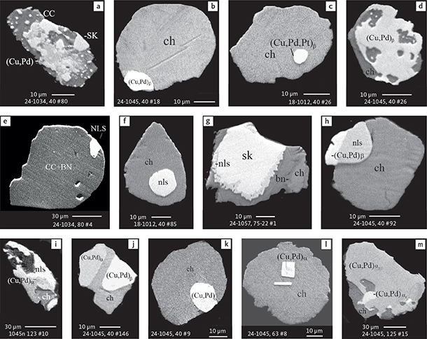 Fig. 17 BSE images showing the petrographic relationships between nielsenite (Cu3Pd), (Pd,Cu) alloys, skaergaardite and Cu-Fe sulphides in polished sections of HS concentrates. Note the multitude of petrographic relations and relative proportions between phases. Abbreviated names of minerals, compounds and alloys are as follows: sk and SK: skaergaardite (PdCu). nls and NLS: nielsenite (PdCu3). (Cu,Pd), (Cu,Pd,Pt)β, (Cu,Pd)α, (Cu,Pd)β: alloys of Cu, Pd and Pt. ch and CC: chalcocite. bn and BN: bornite. Table 3 provides formulae for the precious metal minerals. Formulae for common rock-forming minerals and base metal sulphides are found in Appendix 1. Grain numbers and scales included in the images.