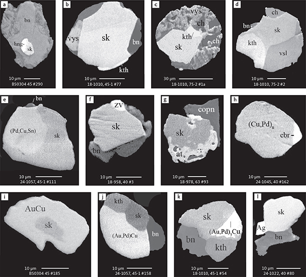 Fig. 19 BSE images showing the relationship between Cu and Pd minerals and other precious metal minerals in polished monolayer thin sections of HS concentrates. Table 3 provides formulae for the precious metal minerals. Formulae for common rock-forming minerals and base metal sulphides are found in Appendix 1. Note the high proportions of precious metal to Cu-Fe sulphide and in the rimming of skaergaardite by tetra-auricupride in panel i. Abbreviated names of minerals, compounds and alloys are as follows: sk: skaergaardite. (Cu,Pd)n: alloy of Cu and Pd. hng: hongshiite (Pt,Pd,Au)(Cu,Fe). vys: vysotskite. vsl: vasilite. at: atokite. kth: keithconnite. zv: zvyagintsevite. cbr: cabriite. (Pd,Cu,Sn): alloys of Pd, Cu and Sn. AuCu and (Au,Pd)Cu: tetra-auricupride. (Au,Pd)3Cu: unnamed compound. Ag: native silver. bn: bornite. ch: chalcocite. copn: cobaltian pentlandite. Grain numbers and scales included in the images.