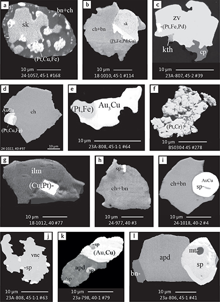 Fig. 20 BSE images of Pt minerals in polished monolayer thin sections of HS concentrates. Table 3 provides formulae for the precious metal minerals. Formulae for common rock-forming minerals and base metal sulphides are found in Appendix 1. Abbreviated names of minerals, compounds and alloys are as follows: (Pt,Cu,Fe), (Pt,Fe,Pd,Cu), (Pt,Fe,Pd), (Pt,Fe), (Cu,Pt): alloys of Pt, Cu, Fe, and Pd. (Pt,Cr): alloys of Pt and Cr. (Au,Cu): alloys of Au and Cu. sp: sperrylite. sk: skaergaardite. zv: zvyagintsevite. kth: keithconnite. apd: arsenopalladinite. vnc: vincentite. AuCu: tetra-auricupride. Au3Cu: unnamed compound. bn: bornite. ch: chalcocite. cp: chalcopyrite. ilm: ilmenite. mt: magnetite. Grain numbers and scales included in the images.