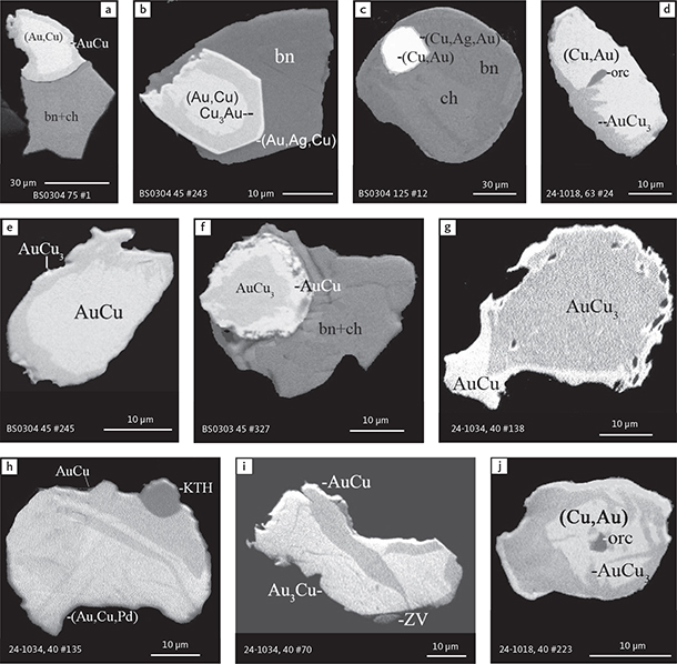 Fig. 25 BSE images of zoned grains of Au minerals, Cu minerals and exsolution textures in polished thin sections of HS concentrates. Note the solid state exsolution of auricupride (panel j). Table 3 provides formulae for the precious metal minerals. Formulae for common rock-forming minerals and base metal sulphides are found in Appendix 1. Grain numbers and scales included in the images. Abbreviated names of minerals, compounds and alloys are as follows: Au3Cu: unnamed compound. AuCu: tetra-auricupride. AuCu3 and Cu3Au: auricupride. (Au,Cu), (Cu,Au), (Au,Cu,Pd), (Cu,Ag,Au), (Au,Ag,Cu): alloys of Au, Cu, Ag and Pd. ZV: zvyagintsevite. KTH: keithconnite. orc: orcelite (Ni5-xAs2). bn: bornite. and ch: chalcocite.