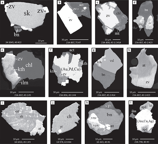 Fig. 30 BSE images of Pd, Cu and Ag intermetallic compounds with Pb, Te, Sn, Sb and Bi in polished monolayer thin sections of HS concentrates. Zvyagintsevite (Pd3Pb) is the dominant Pd phase in samples from the eastern margin, commonly in association with actinolite. Table 3 provides formulae for the precious metal minerals. Formulae for common rock-forming minerals and base metal sulphides are found in Appendix 1. Abbreviated names of minerals, compounds and alloys are as follows: zv: zvyagintsevite. kth: keithconnite. kt: kotulskite. vnc: vincentite. gng: guanglinite (obsolete and renamed to vincentite). apd: arsenopalladinite. at: atokite. sk: skaergaardite. vys: vysotskite. vsl: vasilite. (Au,Pd,Cu) and (Au,Cu,Ag): alloys Au, Cu and Pd. bn: bornite. cp: chalcopyrite. ch: chalcocite. ilm: ilmenite. mt: magnetite. act: actinolite. chl: chlorite. Grain numbers and scales included in the images.