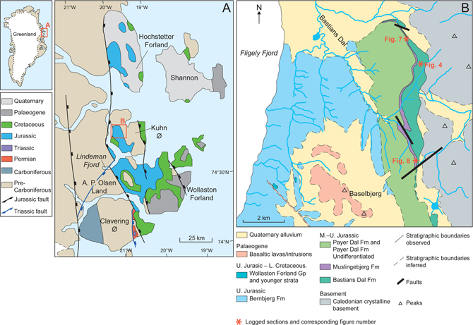 Fig. 2 Location and geology map. (A) Overview of the region, based on Koch and Haller (1971). (B) Detailed geological map of the study region, modified from Alsgaard et al. (2003, based on Koch & Haller (1971)) and using data collected during field mapping that formed part of this study. U: Upper. M: Middle. L: Lower.