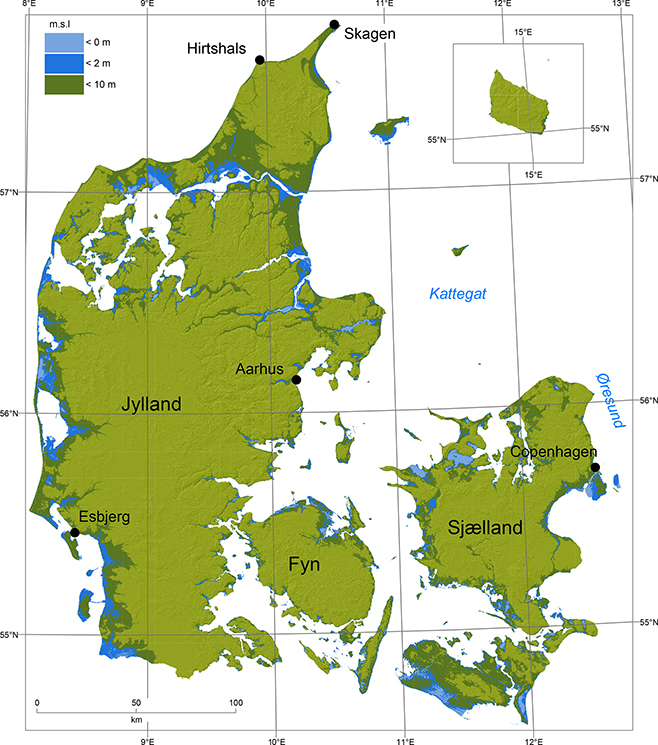 Fig 1 Overview map of Denmark with place names referred to in the text. Shaded areas designate areas below specified elevations, regardless of whether they have a direct connection to the ocean. This highlights potentially vulnerable areas, should the coastal barrier be breached. The digital elevation map is obtained from the Danish Agency for Data Supply and Infrastructure.
