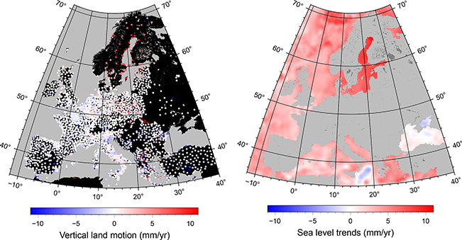 Fig 2 Trends in European ocean and land elevation between January 1993 and December 2020. Left: Vertical land motion trend observed at fixed global positioning system sites (updated from Hammond et al. 2021). Right: Sea-level elevation trend observed from satellite radar altimetry (updated from Nerem et al. 2018).