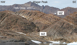 Fig 3 Field photo showing the northwards view from Kraemer Ø. Metre-scale modal layering occurs in the Middle Zone (MZ) (foreground, lower two-thirds) and in the background where the Triple Group can be seen on Wager Peak (c. 1200 m a.s.l.).