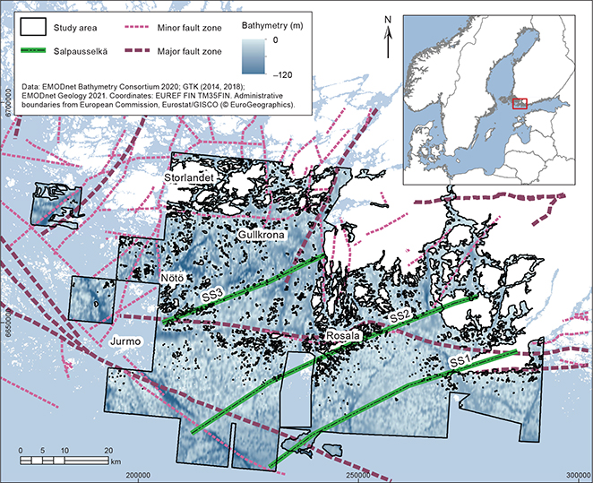 Fig. 1 Location and map of the Archipelago Sea along the south-west coast of Finland in the northern Baltic Sea. The numbered SS lines in green refer to Salpausselkä formations, which are large, marginal sedimentary ridges deposited during glacial standstills of the last deglaciation. The numbers refer to the age order of the formations: SS1 is the oldest, SS2 is of intermediate age and SS3 is the youngest. Bathymetry data from EMODnet Bathymetry Consortium (2020). Marine and terrestrial bedrock data including faults are from GTK (2014). Marine seabed substrate data are from EMODnet Geology (2021). Terrestrial substrate data are from GTK (2018). Coordinate system is EUREF FIN TM35FIN.