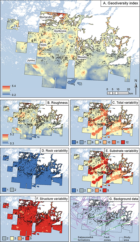 Fig. 3 Distribution of seabed geodiversity in the Archipelago Sea, northern Baltic Sea. A: Geodiversity index (no units). Index values were calculated based on B: roughness, C: total variability as established from D: rock, E: substrate and F: structure variability. Geodiversity index and roughness are represented by their minimum–maximum values. G: Background data showing specific geologic features (faults and Salpausselkä formations; GTK 2014; EMODnet Bathymetry Consortium 2020).