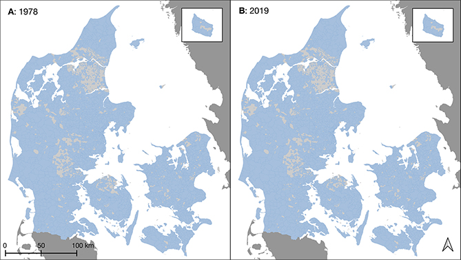 Fig 1 Extents of the Water Supply Areas (WSAs) in Denmark in (<b>A</b>) 1978 and (<b>B</b>) 2019. Light grey areas are outside of public water supply zones.