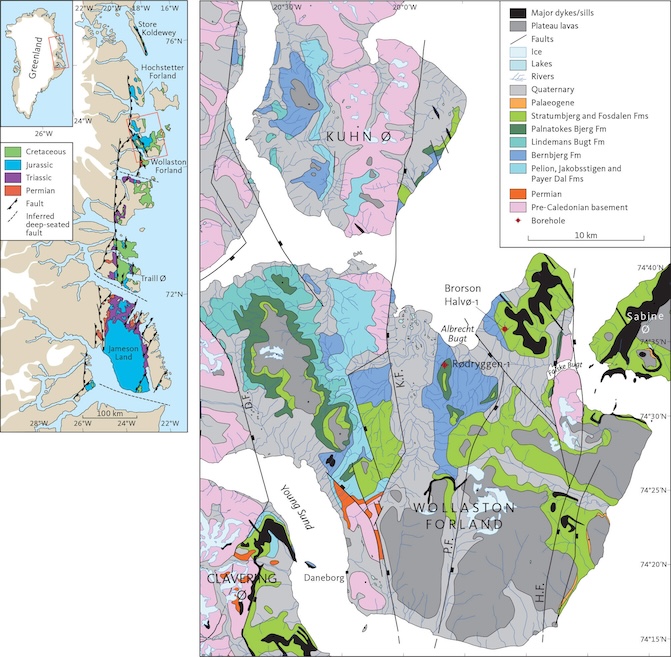 Fig. 1 Location maps. Overview map (left). Positions of the Rødryggen-1 and Brorson Halvø-1 boreholes on Wollaston Forland are shown on a simplified geological map (right). K.F.: Kuhn fault; P.F.: Permpas Fault; H.F.: Hühnerbjerg Fault; D.F.: Dombjerg Fault. The Dombjerg Fault was the main fault to control the position of the coastline during the Late Jurassic. The Permpas–Hühnerbjerg block(s) was bounded by the Kuppel and Hühnerbjerg Faults, which probably represented the main controlling faults in the block that is studied here, during the Late Jurassic. Reproduced from Bojesen-Koefoed et al. (2023, this volume).