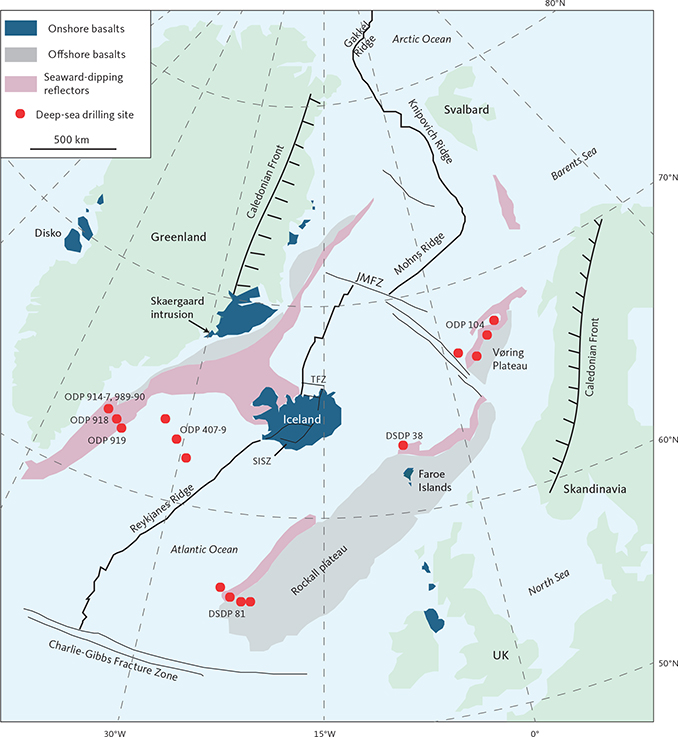 Fig. 1 North Atlantic Igneous Province as outlined by sea-floor spreading ridges, major fracture zones and continental-bordering areas. Shown are onshore and offshore basalts, seismic dipping reflector sequences, the Caledonian fronts and deep-sea drilling sites, prefixed ODP (ocean drilling programme) or DSDP (deep-sea drilling programme). TFZ: Tjörnes Fracture Zone; JMFZ: Jan Mayen Fracture Zone; SISZ: South Iceland Seismic Zone. Location of the Skaergaard intrusion is marked at 68°10´ N, 31°40´ W. Map is modified from Brooks (2011).