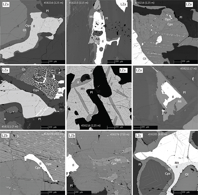 Fig. 6 Representative pyroxene intergrowths and late crystallising mineralogy and textures in LZ gabbros illustrated by backscattered electron (BSE) images. Samples shown in order of appearance: 458216 (125 m), 458215 (115 m), 458211 (7 m), 458208 (703 m), 458278 (710 m), and 458285 (830 m). Ap: apatite. Il: ilmenite. Mt: magnetite. Scale bars are 200 μm or 100 μm, as shown. Other abbreviations in Fig. 5.