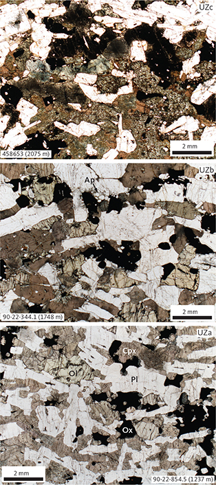 Fig. 10 Representative petrography of UZ gabbros (samples 458653, 2075 m; 90-22-344.1, 1748 m and 90-22-854.5, 1237 m). Shown are macrophotographs (transmitted light) of typical gabbros for each of the three subzones (UZa, b and c). Abbreviations in Figs 5, 6. Scale bars are 2 mm for all photographs.