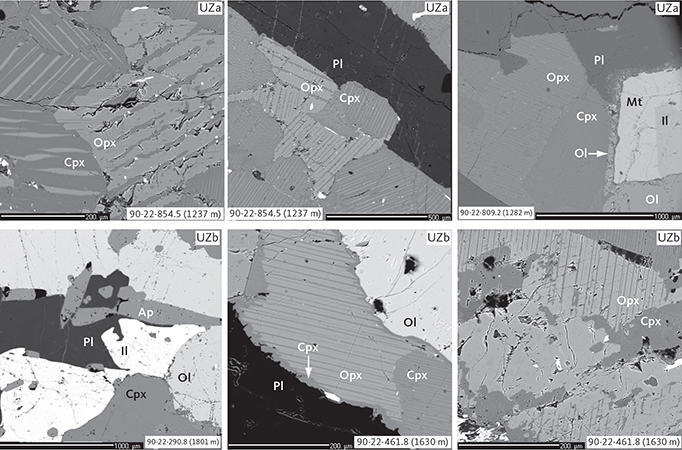 Fig. 11 Representative pyroxene intergrowths and late crystallising mineralogy and textures in UZa and UZb gabbros illustrated in BSE images. Samples shown in order of appearance: 90-22-854.5 (1237 m), 90-22-809.2 (1282 m), 90-22-290.8 (1801 m) and 90-22-461.8 (1630 m). Abbreviations in Figs 5, 6. Scale bars are 200 mm or 100 mm, as shown.