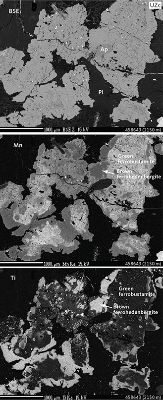 Fig. 12 Mineralogy and textures of ferrohedenbergite and inverted ferrobustamite intergrowths in a UZc gabbro (sample 458643, 2150 m) illustrated in a BSE density image and elemental-mapped electron Kα images (Mn and Ti). Other abbreviations in Figs 5, 6. The relationship between the two pyroxenes is seen as green inverted ferrobustamite, characterised by a mosaic of grains, rimmed by a late crystallising brownish ferrohedenbergite. Scale bars are 1000 mm.