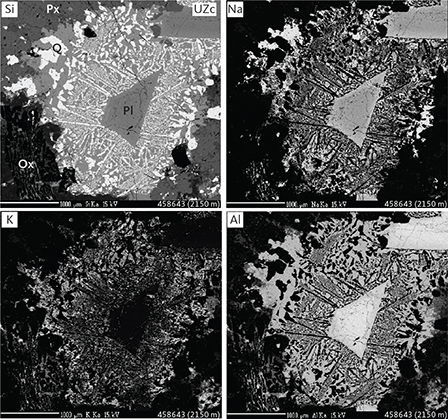 Fig. 13 Elemental-mapped electron Kα images (Si, Na, K, Al) of interstitial granophyre patches in UZc (sample 458643, 2150 m). Intergrown albite (An~0), quartz and orthoclase are seen along margins of trapped plagioclase grain (An~25-30). Pl: plagioclase. Px: pyroxenes. Q: quartz. Ox: FeTi oxides. Scale bars are 1000 μm.