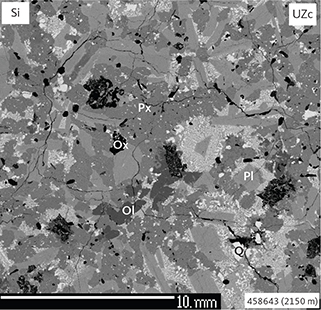 Fig. 14 Textures of melanogranophyre from UZc (458643, 2150 m) illustrated by a BSE density image. The sample is composed of granular albitic plagioclase (~An25–30), pyroxenes (see Fig. 11), olivine and interstitial granophyre (see Fig. 13). Pl: plagioclase. Px: pyroxenes. Ol: olivine. Q: quartz. Ox: FeTi oxides (mostly ilmenite). Scale bar is 10 mm.