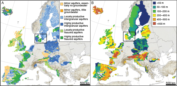 Fig 1 Examples of mapped features from the pan-European groundwater resources map (EGDI 2022). (A) Aquifer types. (B) Total depth of aquifers below the surface. The blank areas (grey shading) reflect the countries or regions that did not participate or finalise the grid. Denmark is situated within the black square.