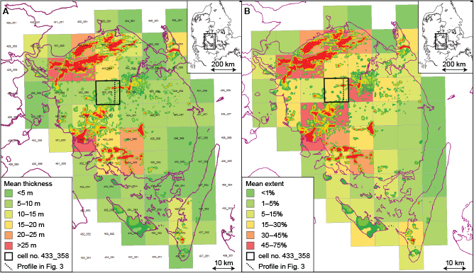 Fig 4 Calculated mean thicknesses (A) and mean extents (B) for layer 6 (corresponding to valley sand) in 10 × 10 km cells covering the island of Fyn. Overlaying this are the exact position and thickness of the valley sand layer extracted from the DK-model, shown as a coloured contour map (colour scale in A). The position of the profile in Fig. 3A and the cell in Fig. 3B are marked on the map.