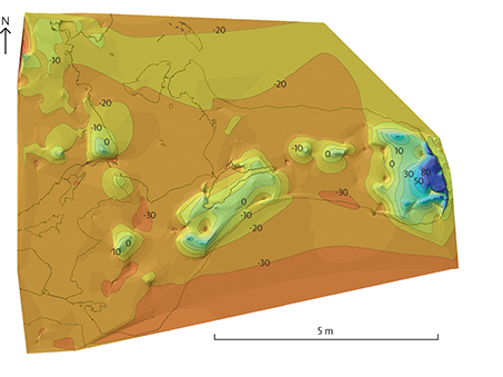 Fig. 2 The top of chalk below the Quaternary deposits, including chalk sheets dislocated by glacial tectonics. Contour lines with 10 m intervals shown above and below sea level.