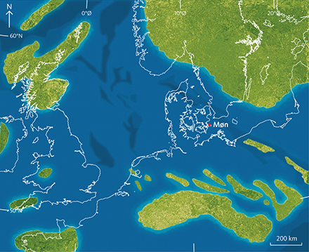 Fig. 4 Palaeogeographic map of the Late Cretaceous sea in Northern Europe. Green: land areas. Blue: sea. From Gravesen et al. (2017) after Damholt & Surlyk (2012).
