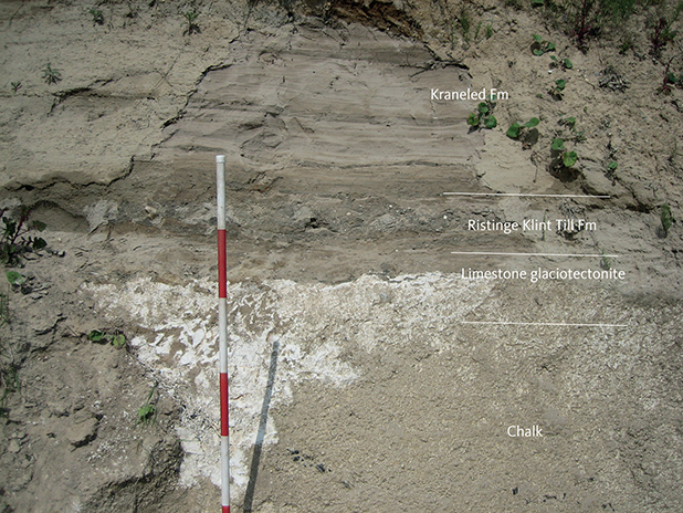 Fig. 10 Fine-grained meltwater deposits of the Kraneled Formation resting on the Ristinge Klint Till Formation. Between the till and the underlying chalk, a chalk-glacitectonite occurs. Kraneled cliff, Klintholm.