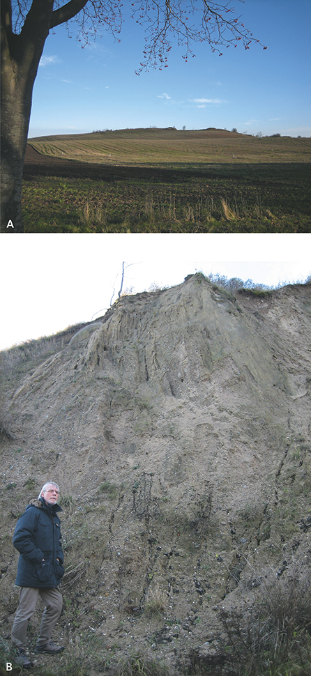 Fig. 46 The hat-formed hill of Præstebjerg on western Møn. A: The hill viewed from the south, with excavated material at its top. B: Vertical layers of meltwater sand and gravel inside the hill, cut and overlain by clayey till of the Lolland Till Formation.