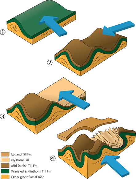 Fig. 47 Model for the formation of Præstebjerg. 1: Folding of the Kraneled and Klintholm Till Formations during the Klintholm Ice advance from east-south-east. 2: Superimposed folding and deposition of the Mid Danish Till Formation by the NE Ice advance from northeast. 3: Glaciofluvial erosion by meltwater streams moving from east to west and deposition of the Ny Borre Formation. 4: Superimposed deformation due to the Young Baltic Ice advance from south-east and deposition of the Lolland Till Formation. Partly from Berthelsen (1979).