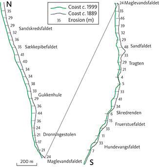 Fig. 50 Erosion and retreat of Møns Klint over time by landslides and erosion, shown as the calculated difference between the coastlines in 1899 and c. 1999.