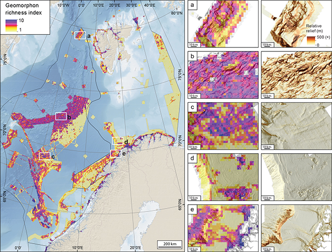 Fig 2 Geodiversity overview and detailed inset maps (areas a–e) showing geomorphon richness (left) and relative relief (right). The colour ramps are common for all areas. Note that the maximum value for the colour ramp of relative relief has been limited to 500 m to aid visualisation. Values of up to 1248 m (up to 948 m in area a and up to 1087 m in area b) occur within the data set, but extreme values are rare. A maximum–minimum stretch has been applied as opposed to standard deviation or another stretch that will distort perception of the range of values. Multibeam bathymetry: Kartverket. Background bathymetry (blue shaded relief): GEBCO Bathymetric Compilation Group (2019).