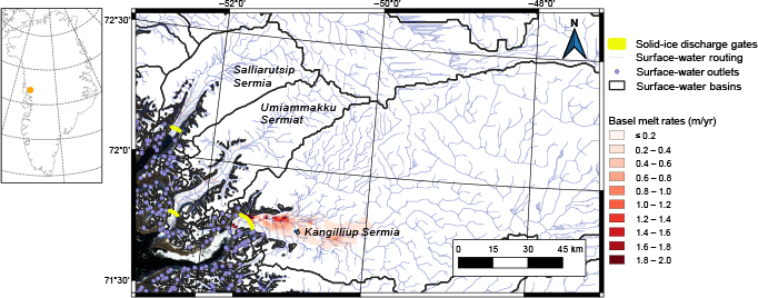 Fig 1 Example from West Greenland showing the three data products. Yellow lines indicate the locations of solid-ice discharge gates from M2020. The surface-meltwater product is shown as blue streamlines with water outlets as purple dots and their associated basins in black. The basal-melt product is shown in red as m/yr. Background image from Satellite background image is from Sentinel-2 (European Space Agency), 20 August 2022.