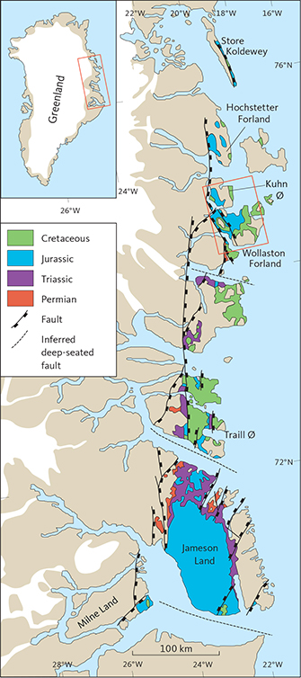 Fig. 1 Simplified geological map showing the distribution of Permian–Cretaceous sedimentary rocks in North-East Greenland. Position of study area in Fig. 2 indicated with a red box. Reproduced from Bojesen-Koefoed et al. (2023a, this volume, fig. 1).