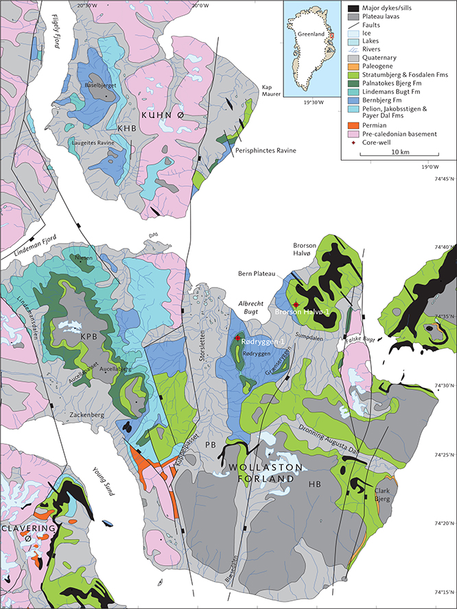 Fig. 2 Geological map of the study area. KHB: Kuhn Ø Block. KPB: Kuppel Block. PB: Permpas Block. HB: Hühnerbjerg Block. Modified from Bojesen-Koefoed et al. (2023a, this volume, fig. 1).