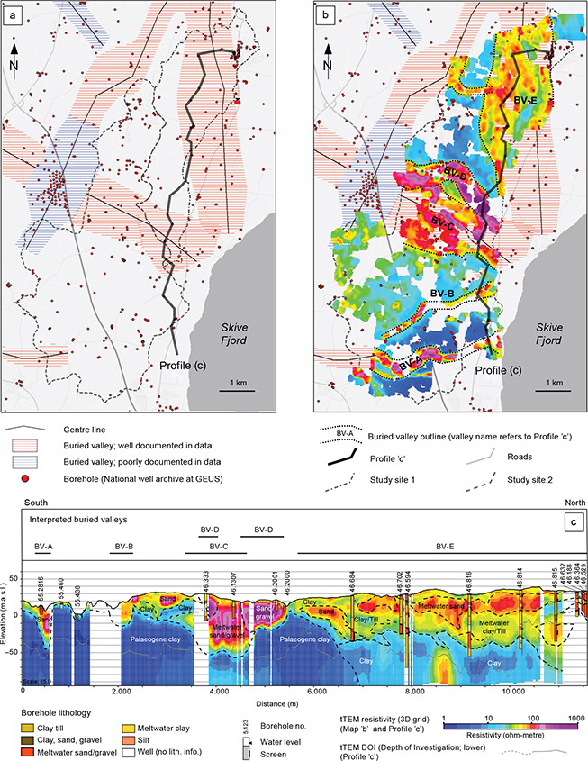 Fig 2 Geophysical data and geological interpretations. (a) Buried valleys mapped prior to the present study (Sandersen & Jørgensen 2016a, b, 2017). (b) Buried valleys mapped using the tTEM method. Interpreted from tTEM 3D grid slices, with mean resistivity slices at 2 m a.s.l. (see resistivity scale in figure legend). (c) A south–north-orientated cross-section through the 3D tTEM resistivity grid superimposed with geological interpretations from boreholes. BV: buried valley.