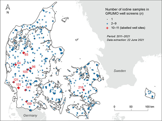 Fig 1 Spatial distribution of iodine sampling sites in the study period at well screens of the Danish national groundwater monitoring programme (GRUMO).