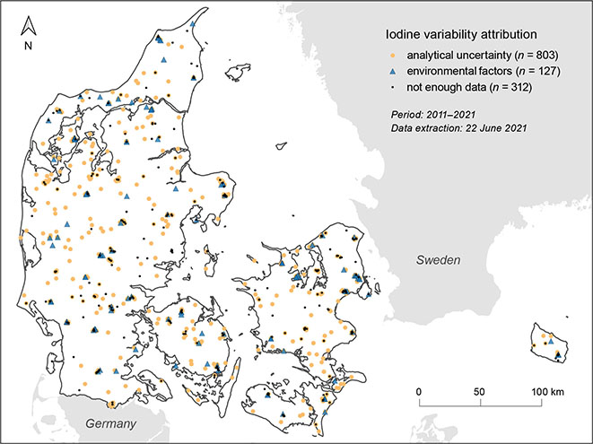 Fig 3 Iodine variability attribution at sampling sites throughout Denmark.