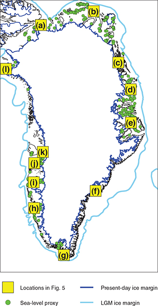 Fig 1 Map showing the locations of the 47 subregions for which there are data in the GAPSLIP database for Greenland and the present-day and LGM grounded ice-sheet margin from PaleoMIST. The locations with data-model comparisons shown in Fig. 5 are labelled as follows: (a) Hall Land (b) Kap Clarence Wyckoff (c) Germania Land (d) Young Sund (e) Schuchert Dal (f) Ammassalik (g) Nanortalik (h) Nuuk (i) Ikertooq Fjord (j) Kannala (k) Alluttoq Island (l) Thule.