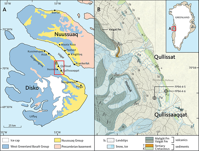 Click to Enlarge View Fig. 1 Geological maps of parts of the Nuussuaq Basin. A: Overview map of Disko and Nuussuaq, with names mentioned in the text and the position of Fig. 1B indicated. B: Map of the area around Qullissat and Qullissaaqqat, with boreholes FP94-4-5 and FP94-4-6 indicated. Two exposures of the iron-bearing igneous body studied here are labelled ‘Fe’. Other labels are part of the geological divisions on the map. Excerpt from the geological map 1:100 000 Qutdligssat (old spelling, Rosenkrantz et al. 1976), reproduced to scale, i.e. 1 cm = 1 km.