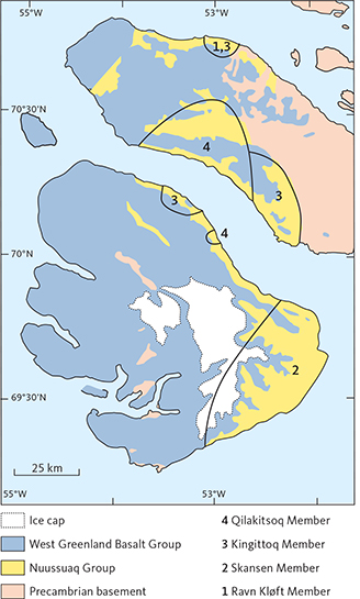 Click to Enlarge View Fig. 5 Map showing schematically the known extents of the four members of the Atane Formation of the Nuussuaq Group. The lines do not indicate member boundaries but knowledge limitations: members can only be assigned in the areas with numbers 1 to 4. The Atane Formation is not present in western and northern Nuussuaq, except in the area labelled 1 and 3.