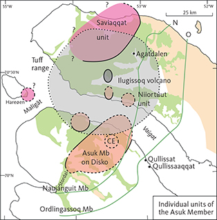 Click to Enlarge View Fig. 6 Map showing the distribution of the individual units of the Asuk Member. CE: Inferred central eruption area for the Asuk Member on Disko. The large, light grey circular area is the extent of the graphite andesite tuff layer erupted from the Ilugissoq volcano. The green areas show exposures of the Vaigat Formation, and the green lines are the eastern and south-eastern depositional boundaries of the large Naujánguit and Ordlingassoq Members of the Vaigat Formation. Modified from A.K. Pedersen et al. (2017, fig 10).