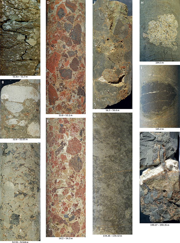 Click to Enlarge View Fig. 16 Photographs of details of the Nunngarut igneous body and immediately overlying sediments. Beneath each piece, the downhole depth is indicated. Positions in the core are shown in Fig. 15. A: Sediment (colluvium) with altered volcanic clasts in a weakly bedded matrix. B: Large, altered volcanic clasts in a clearly sedimentary matrix, immediately above the top of the igneous body. C: Grey volcanic breccia with close-lying, commonly vesiculated, volcanic fragments and little matrix. D: Upper red breccia zone of more or less oxidised, volcanic fragments in a light, carbonate-rich matrix. E: Lower red breccia zone; note vesiculation in the uppermost, large, angular fragment. F: Dark grey, compact volcanic breccia with angular, finely vesiculated clasts. G: Inhomogeneous, ‘wispy’ facies in the central part of the body. H: Partly digested sandstone xenolith. I: Partly digested mudstone xenolith. Note the homogeneous facies of the host rock surrounding both xenoliths. J: The base of the igneous body. The rock is solid above the white vein, and the basal breccia is seen below the vein.