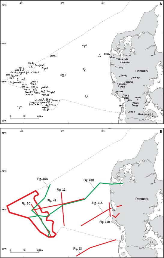 Fig. 2 Map showing the study area, wells, seismic sections coverage and local names. (A): Location of boreholes, wells, outcrops, villages and other locations mentioned in the text. (B): Location of seismic key sections and the 3D seismic survey covering the Central Graben area are shown in red and well correlation panels in green.