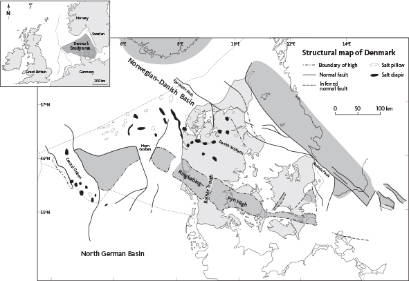 Fig. 3 Structural elements of the Danish area. Most of the elements were formed during the Carboniferous and Permian but also active during the Mesozoic. Reactivation of some of the structures, for example inversion, occurred during the Cenozoic. From Bertelsen (1978).